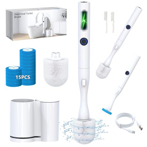 Electric Toilet Brush and Holder Set, Hillyfe Motorized Toilet Brush with 15 Disposable Refill Heads, Hard Nylon Brush 360 Degree Cleaning, Rechargeable - style: Electric Toilet Brush and Holder Set