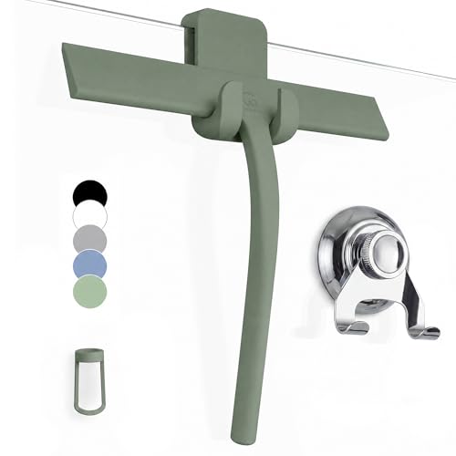 GÜTEWERK Silicone Shower Squeegee for Glass Doors & Mirrors with Stainless Steel Core, Streak-Free & No-Squeak Window Cleaning, 3-in-1 No-Drill Mount (Hook/Suction/Adhesive),Green, 9 Inches - color: Green, size: 9 Inches