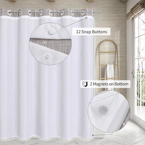 MitoVilla No Hooks Required Boho Farmhouse Shower Curtain with Snap-in Liner, Cotton Linen Fabric Shower Curtains with Tassels for Rustic Neutral Bathroom Decor, Grey Taupe, 72 x 74 - color: Grey