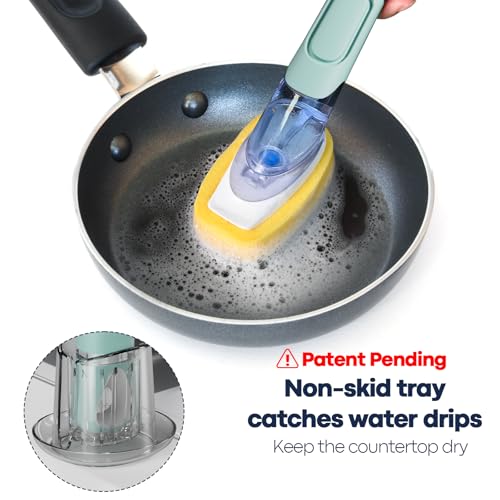 Dish Brush with Soap Dispenser Storage Set with 2 PCS Sponge Refills & Holder, Soap Dispensing Dish Brushes, Sponge with Soap Dispenser Handle, Dish Sponges with Handle for Dishes Pans Pots Sink - color: Blue