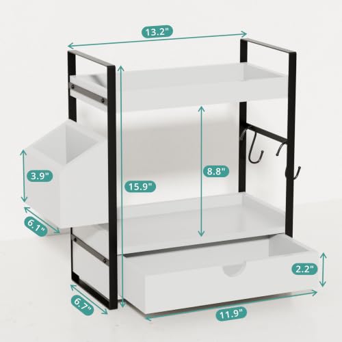 Kottwca 2-Tier Bathroom Counter Organizer with Drawer, Basket & Hooks, Wooden Vanity Shelf for Skincare, Perfume & Makeup Storage(White) - color: White