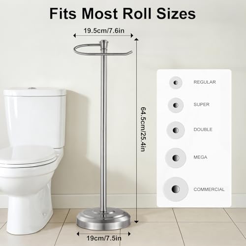 Brushed Nickel Toilet Paper Holder Free Standing, 25" H 304 Stainless Steel Toilet Paper Stand for Bathroom，Weighted Base Floor Tissue Roll Holder,Toilet Roll Stand - color: Brushed Nickel