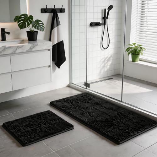 RUN HELIX Bathroom Rugs Set 2 Piece Thick Chenille Bath Mats, Soft Quick Dry Plush Absorbent Bath Rugs with Non-Slip PVC Backing, 32x20+24x16 Inch Black - color: Black, size: 32"L x 20"W + 24"L x 16"W