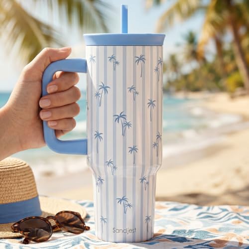 SANDJEST Palm Tree Stainless Steel Locking Lid Silicone Straw Tumbler with Handle 40oz, Insulated Stainless Steel Travel Cup for Women Beach Lover, Gift Idea for Birthday Summer Vacation - color: Palm Tree