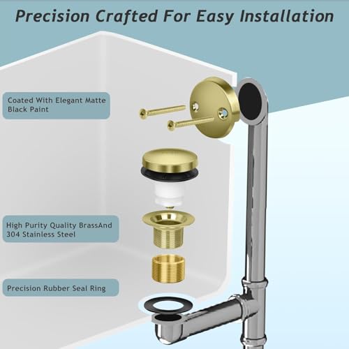Tip-Toe Bathtub Drain Kit with Two-Hole Overflow Plate, Premium Quality Bath Tub Drain Replacement fits for All Bathtub, Universal Fine/Coarse Thread Bathtub Stopper (Brushed Gold) - color: Brushed Gold