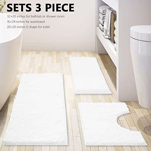 White Bathroom Rugs Chenille 3-Piece Extra Soft and Absorbent Shag White Bath Mat, Machine Wash Mat, Strong PVC Non-Slip Underside, Plush Carpet Mats - color: White, size: 2'8" x 1'8" (16x24"+20x32"+20x20"U shape）