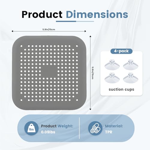 Silicone Drain Hair Catcher 2 Pack, Square Shower Drain Cover with Suction Cups, Hair Stopper for Bathroom Bathtub Sink and Kitchen, Easy to Install and Clean, Clog Preventing Strainer, No-Rust