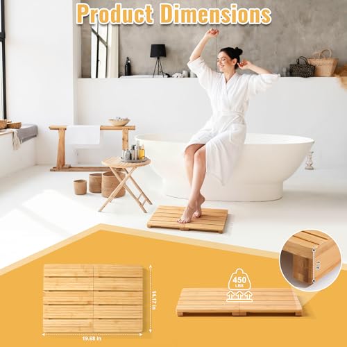 Foldable Bamboo Bath Mat for Shower, 19.68" x 14.17" in Non-Slip Wood Bathroom Rug, Quick-Dry Waterproof Carpet for Indoor Outdoor Use by Sink, Tub, Pool - size: 19.7" x 14.2" (Rectangular)