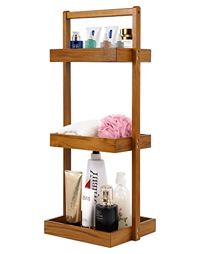 Utoplike Teak Shower Caddy Shelf, Standing Shower Organizer for Bathroom Corner, Wooden Freestanding Racks Storage for Inside Shower, Bath, Office, Stand Up 3 Tier Kitchen Desktop Organization - color: 3 tier Large