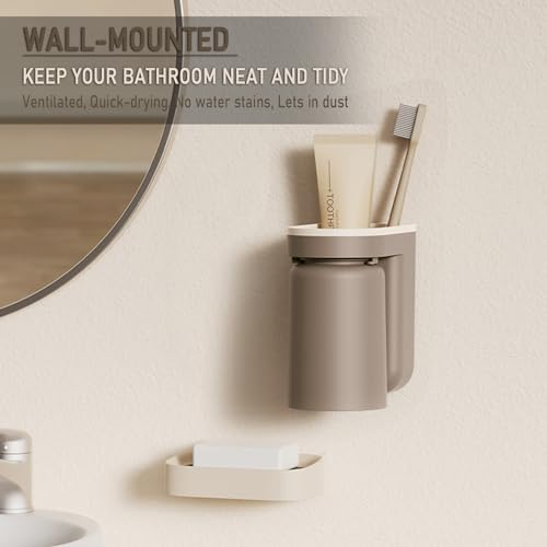 Toothbrush Holder Wall Mounted with Cup,2-in-1 Toothbrush Holders & Cups Set,Inverted Design for Easy Cleaning and draining,Stick-on Toothbrush Holder for Bathroom (Beige+Coffee) - color: Beige+coffee