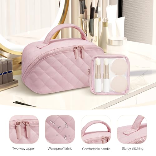 honitty Makeup Bag, Quilted Makeup Bag, Puffy Travel Make up Bags, Cosmetic Organizer Bag, Waterproof Toiletry Bag for Women - color: Pink