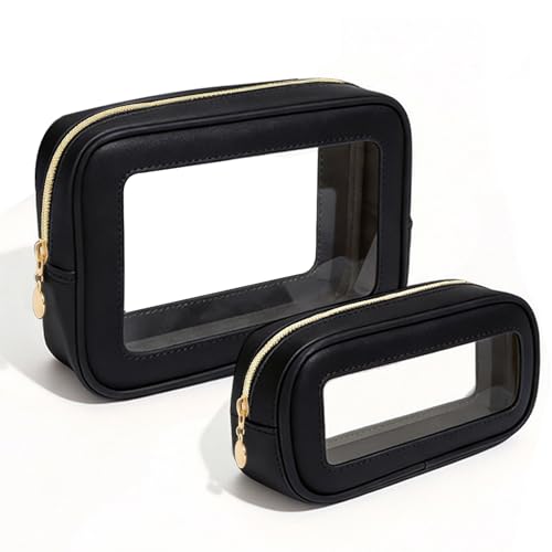 2Pcs Clear Makeup Bags Set, Clear Travel Makeup Brush Holder Leather Makeup Case Toiletry Bag with Zipper Portable Cosmetic Pouch Waterproof Makeup Brush Storage Bag Car Bag for Essentials - color: 2Pcs Black