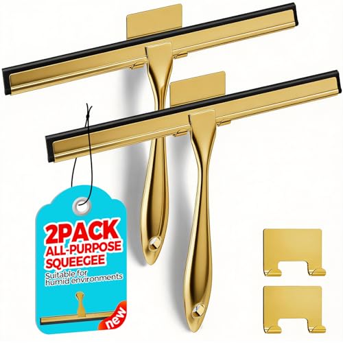 ALFLOD 2pcs Shower Squeegee for Glass Doors with Adhesive Hanging Hook Set | 12” gold, bathroom accessories, window cleaner, new home essentials, soft rubber blade, metal handle, ergonomic grip - color: Golden, size: 12 Inch