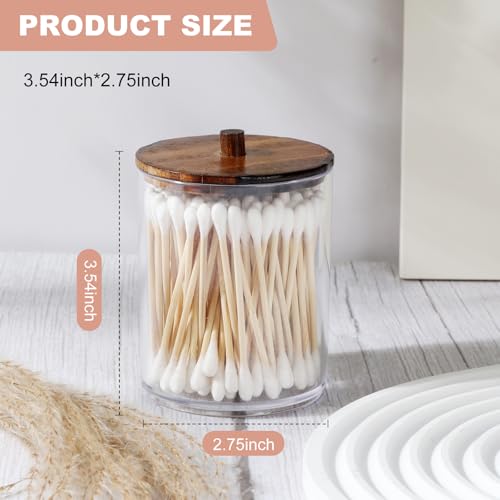 4 Pack Qtip Holder Dispenser with Wood Lids - 10 oz Clear Plastic Apothecary Jar Containers for Vanity Makeup Organizer Storage - Bathroom Accessories Set for Cotton Swab,Pads, Ball, Floss
