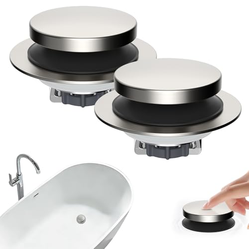 Hibbent 2 Pack 3 in 1 Metal Bathtub Drain Stopper, Universal Pop Up Tub Stopper with Removable Filter Basket, Bathtub Hair Catcher for 1.5''~2.4'' Drain, Brass Bullet Core, Brushed Nickel - color: Brushed Nickel Finish