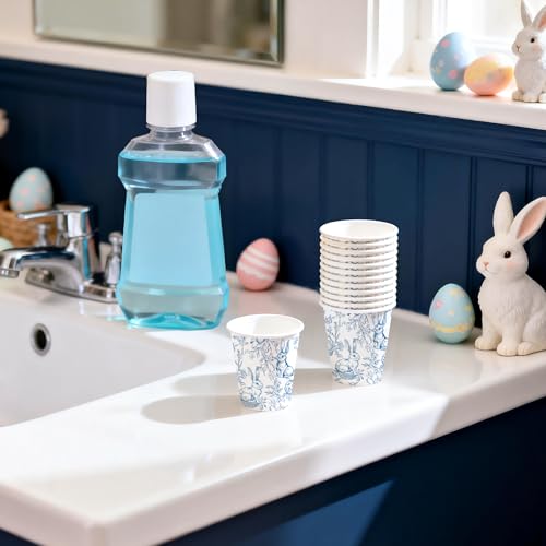 WRAPAHOLIC 3oz Easter Paper Cups - 100 Pack Disposable Bathroom Cups with Blue Sketch Bunny Design, Small Mouthwash Cup for Toothbrush Rinse, Bathroom, Easter, Baby Shower and Party - color: Easter - Blue Sketch Bunny