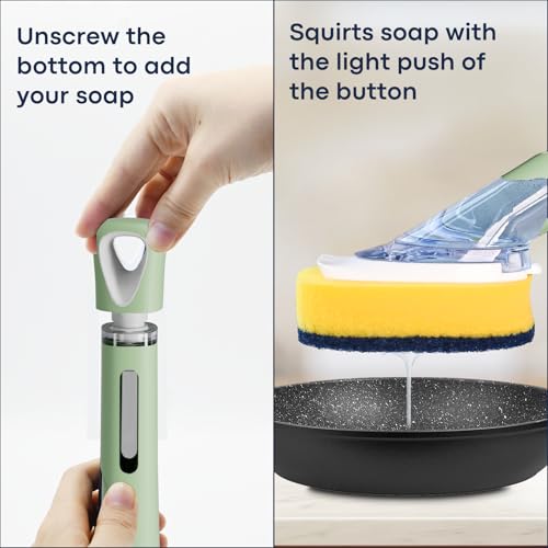 Dish Brush with Soap Dispenser Storage Set with 2 PCS Brush Refills & Holder, Dish Scrubber with Soap Dispenser, Dish Soap Brush, Dish Wand with Soap Dispenser for Dishes, Pans, Sink, Pots(Green) - color: Green