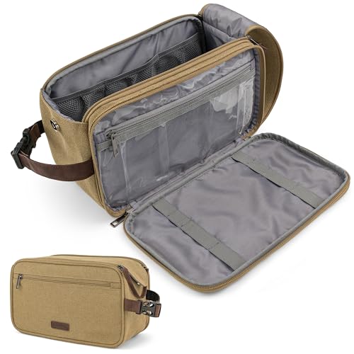 PAVILIA Toiletry Bag for Men, Canvas Dopp Kit, Travel Essentials Organizer, Water-Resistant Shaving, Grooming Kit, Large Hanging Bathroom Accessories Cosmetic Bag, Tan Khaki - color: Khaki, size: Extra Large (12.5x6x7)