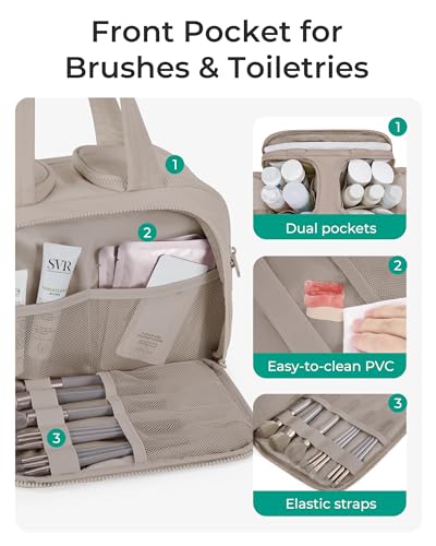 BAGSMART Travel Toiletry Bag, Crush Toiletry Bag for Women, Wide-open Puffy Toiletry Bags for Traveling, Large Travel Cosmetic Makeup Bag Organizer for Accessories,Toiletrie, Grayish Brown - color: c-Grayish Brown