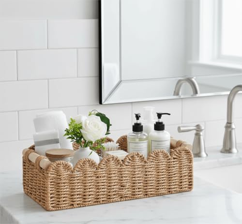 CubesLand Bathroom Basket Organizer, Toilet Tank Paper Storage Baskets 2-Pack, Scalloped Decorative Basket for Countertop w/Handle, Wicker Basket for Bathroom Decor, Home Decor, Living Room, Neutral - color: Neutral