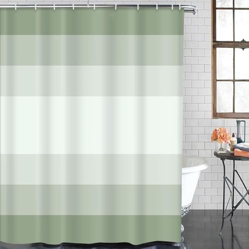 ArtSocket Sage Green Ombre Bathroom Set with Shower Curtain and Bath Rugs and Accessories, Striped Modern Neutral Non-Slip 3 Piece Set, 72"L x 72"W Curtain with 23.6"L x 15.7"W + 19.7"x 31.5" Rugs - color: Sage Green Ombre