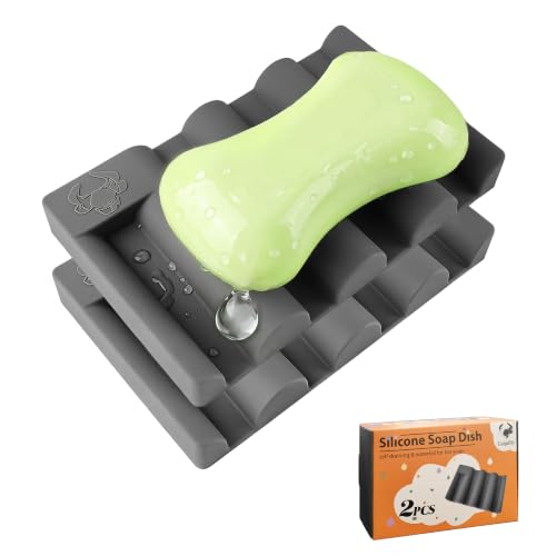 Silicone Soap Dish,Self Draining Soap Holder Perfect for Shower,Bathroom Sink,Kitchen Sink & Travel,Non-Slip Bar Soap Holder Extend Soap Life,Keep Soap Bars Dry & Easy Cleaning Grey-2Pcs - color: Grey-2pcs