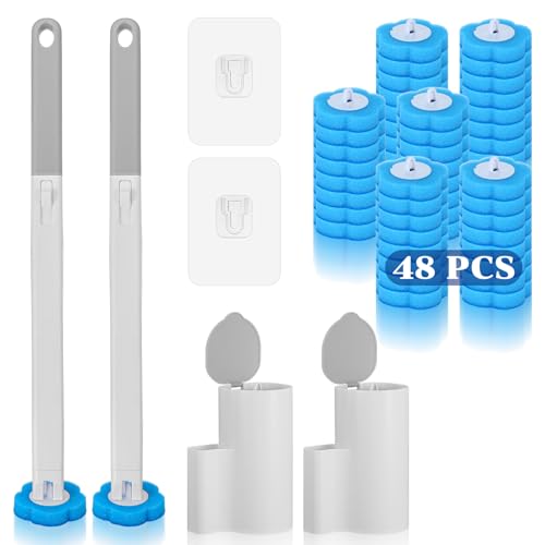 2 Pack Disposable Toilet Brush with 48 Refills, Toilet Bowl Cleaner Toilet Brush and Holder Set for Bowl Cleaners Bathroom Cleaning Bathtub