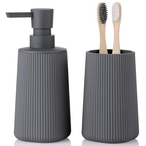 YAUKPH Bathroom Accessories Set 2 Piece Soap Dispenser and Toothbrush Holder for Bathroom Countertop Striped Gray - color: Striped Gray