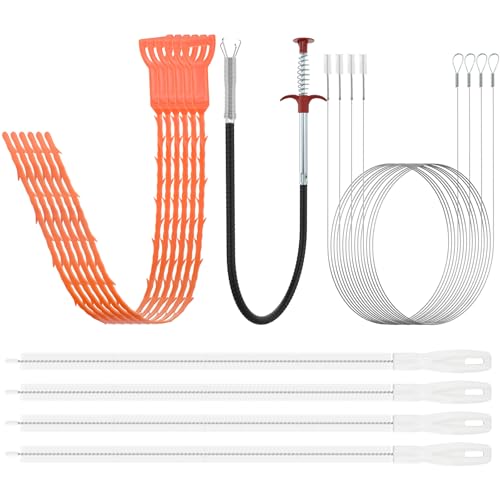 Aifeier ET Drain Clog Removal Tool Set, Includes 6 Plastic + 1 Stainless Hair Remover + 4 Tube Drain Brush + 4 Auger Cleaning Sticks for Toilet, Kitchen Sink, Bathroom Tub, Sewer（15-Pack）