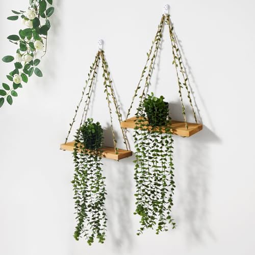 2 Pack Wooden Hanging Shelves with Artificial Eucalyptus Plants Wall Decor for Living Room, Bedroom, Bathroom - Fake Hanging Plant and Wood Wall Shelf Set for Boho Farmhouse Home Decor