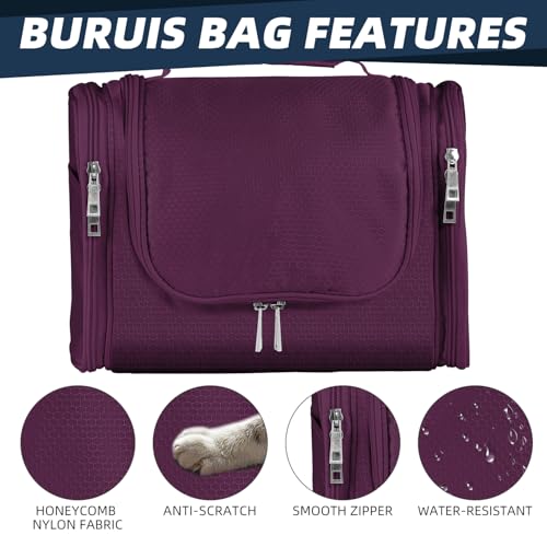 Buruis Hanging Toiletry Bag for Women and Men, Large Water-Resistant Makeup Organizer with Sturdy Hook, Lightweight Nylon Dopp Kit for Full-Sized Toiletries & Cosmetics, Purple - color: Purple, size: Large