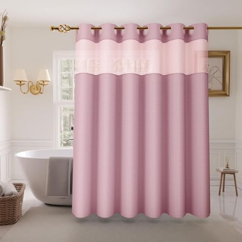 Inhousolu No Hook Shower Curtain with Snap-in Fabric Liner, Waffle Weave 230 GSM Polyester, Weighted Hem, Water Repellent Washable, Mesh Top Window 72" W x 72" L Pink - color: Pink, size: 72"W x 72"L (Pack of 1)