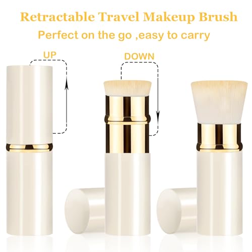 Retractable Kabuki Makeup Brush 2 Pack, Travel Powder Makeup Brush | Face Blush Brushes for Blending Liquid, Blush, Bronzer, Buffing, Foundation, Flawless Cosmetics, with Aluminum Handle, Cover - color: White