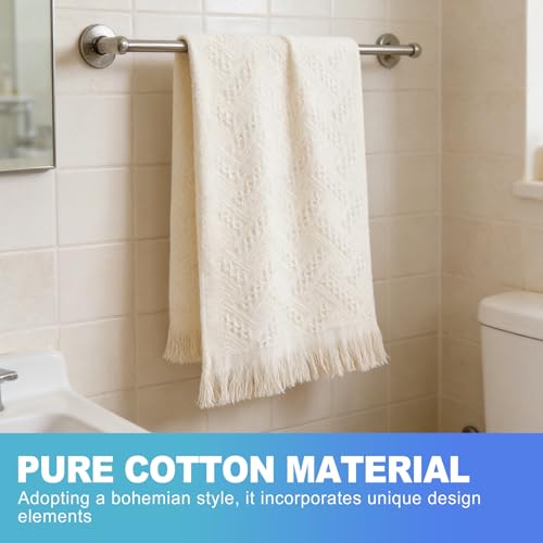 CoguZed 2 Pack Hand Towels for Bathroom 27.5x14 Inch Boho 100% Turkish Cotton Absorbent Soft Decorative Face Towel Set for Guest Bathroom Kitchen Farmhouse Decor Cream White