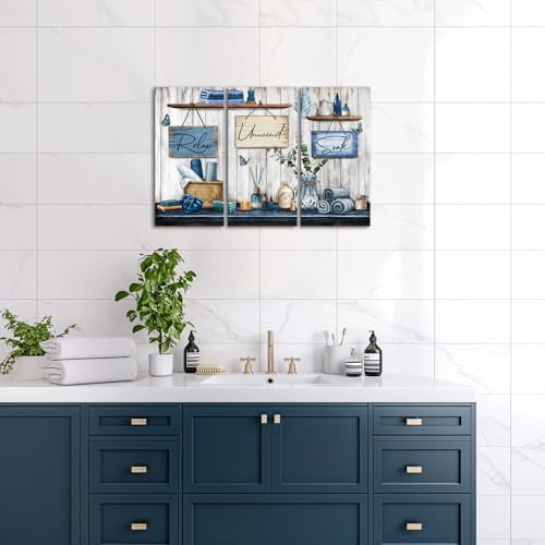 sechars Bathroom Wall Art Relax Unwind Soak Signs Canvas Prints Blue Spa Decor, 8x16 Inches Each, Framed (Blue) - color: Blue