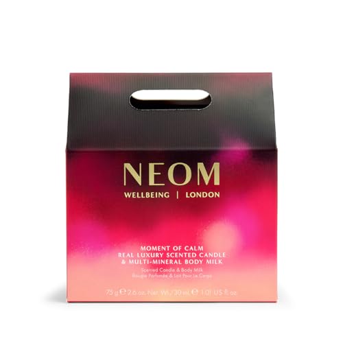 NEOM Moment of Calm Gift Set I Contains Real Luxury Travel Candle 75g Real Luxury Multi-Mineral Body Milk 30ml I 100% Natural scents I Lavender, Jasmine and Sandalwood