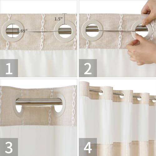 eachope Boho Farmhouse No Hook Shower Curtain Set with Snap-in Fabric Liner,Heavy-Duty Linen Textured Rustic Striped Design,Water-Repellent with Tassels and Sheer Window,Cream/Beige,71x74 - color: Cream, size: 71"W x 74"L (Pack of 1)