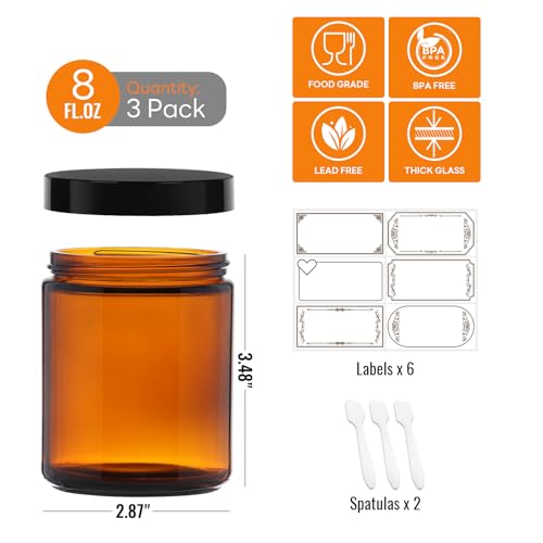 8oz Airtight Glass Jars with Lids, 3 Pack Amber Empty Small Cosmetic jars | Small Cosmetic Containers with Inner Liners, Leak-Proof Travel Jars for Lotions, Scrubs, and Candle Making, Labels & Spatulas - color: Amber-8oz-3pcs