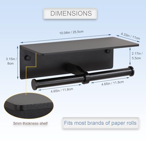 Toilet Paper Holder - Double Rolls Toilet Tissue Holder with Phone Shelf for Bathroom - TP Roll Holder with Wipes Storage, Wall Mounted by Adhesive Pad No Drilling or Screw - Matte Black - color: Black-2 Rolls