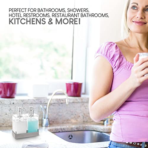 Modern Innovations Acrylic Twin Liquid Soap and Lotion Dispenser Set with Caddy - Double Soap Dispenser for Kitchen - Clear Soap Dispenser for Bathroom, Shampoo, Conditioner, Body Wash