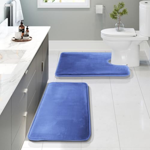 Clara Clark Bathroom Rugs, Velvet Memory Foam Bath Mat, Non-Slip Bath Rugs, Machine Wash, Dries Quickly, Ultra Soft Plush Bath Mats for Bathroom, - color: Calm Blue, style: 20 x 32 + Contour