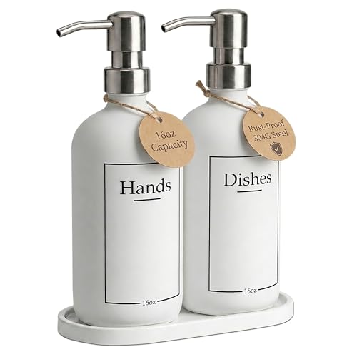 Glass Hand and Dish Soap Dispenser Set with Bamboo Tray – Kitchen Soap Dispenser Set, Stainless Steel Pumps, 16 oz, Silicone Funnel – Modern Farmhouse Kitchen Sink Decor - color: Stainless