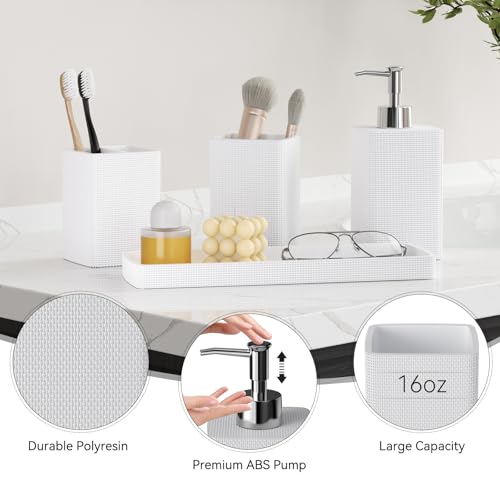 Resin White Bathroom Set, White Bathroom Accessories Set with Shower Curtain, Bath Towel Set, Natural Loofah Sponge, Soap Dispenser, Toothbrush Holder, Bathroom Tumbler and Tray for Bathroom - size: Bath Set+Shower Curtain+Towel Set+2PCS Loofah, style: Wh
