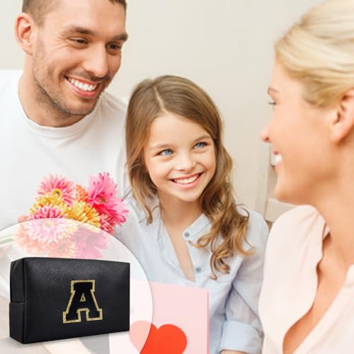Personalized Initial A-Z Preppy Patch Makeup Bag,Small PU Chenille Letter Cosmetic Bag with Zipper for Teen Girls,Black Cute Toiletry Organizer Bag,Monogram Makeup Case Gift for Women Girls,Letter A - color: Black,Black-Letter, size: A