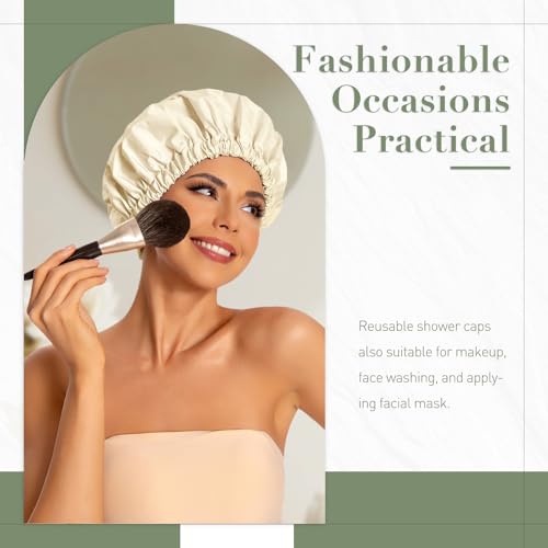 Edoneery Reusable Shower Caps for Women, Waterproof Long Hair Bonnet | Washable Design, Wide Elastic Band, Large Fit, Holds Long Hair, Braids Friendly, Bath Accessories, Spa, Travel - color: Light Champagne