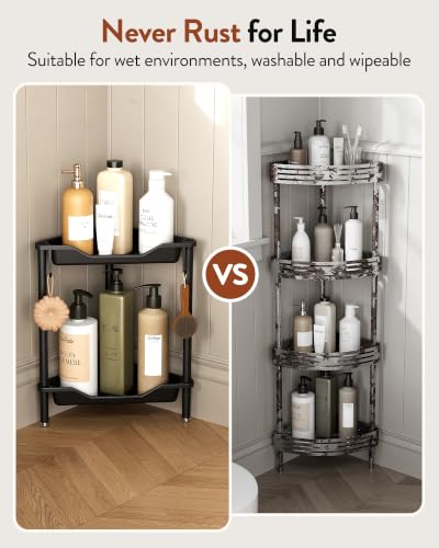 Orimade Rustproof 2 Tier Floor Standing Corner Shower Caddy Organizer, Plastic Aluminum Splicing Floor Corner Shelf Rack Stands for Bathroom, Black - color: Black, size: 2 Tier