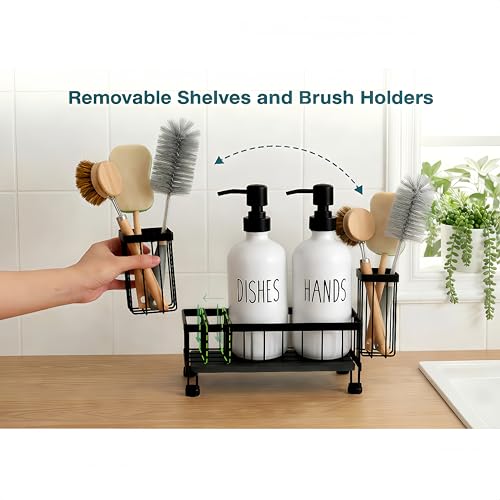 Kitchen Soap Dispenser Set with Sponge Holder & Brush Holder - 16oz Glass Hand and Dish Soap Dispenser, Instant Dry Diatomaceous Earth Stone Tray, Non-Slip Silicone Pad, Sink Organizer(White)