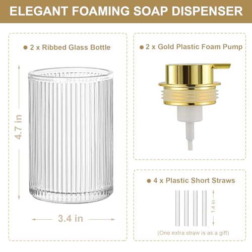 KASUNTING Foaming Soap Dispenser, 2 Pack Clear Glass Foam Hand Soap Dispenser for Bathroom & Kitchen, Refillable Foaming Pump Bottle with Gold Pump, Modern Ribbed Dish Soap Foam Dispenser with 4 Straw - color: Clear Bottle+ Gold Pump, size: Foam-2 Pack