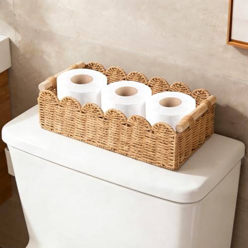 Set of 2 Paper Rope Scalloped Edge Decor Baskets, Small Storage Basket and Toilet Paper Basket for Toilet Paper Storage, Bathroom, Living Room, Bedroom & More, 2 Wooden Handles, Neutral