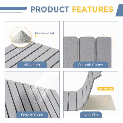 Large Foldable Stone Bath Mat,Diatomaceous Earth with Non-Slip and Super Absorbent, Dry Mat with Quick Dry for Bathroom,Easy to Clean（23.6" Lx15.35 W,Light Grey） - color: Light Grey